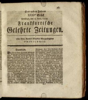 XXXItes Stück Dienstags, den 18. April, 1769. - XLtes Stück Freytags, den 19. May, 1769.