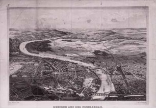 Ansicht von Dresden aus der Vogelschau um 1850, im Hintergrund der Borsberg und das Elbsandsteingebirge