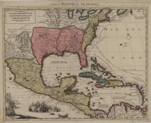 Karte vom Golf von Mexiko und den Karibischen Inseln, 1:9 500 000, Kupferstich, um 1700 : Tabula Mexicae Et Floridae : Terrarum Anglicarum, et anteriorum Americae Insularum, item cursuum et circuituum fluminis Mississipi dicti ; Cum Privil.. - [Ca. 1:8 500 000]. - Amstel. : Petrus Schenck , [um 1700]. - 1 Kt. : kolor. Kupferst. ; 59 x 46 cm