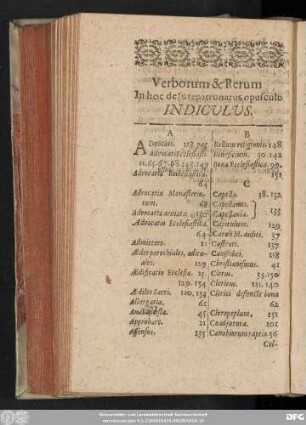 Verborum & rerum In hoc de Iurepatronatus opusculo Indiculus.