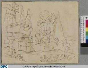 Entwurf einer Ruinenlandschaft mit Denkmal, Pyramide und zwei Wanderern