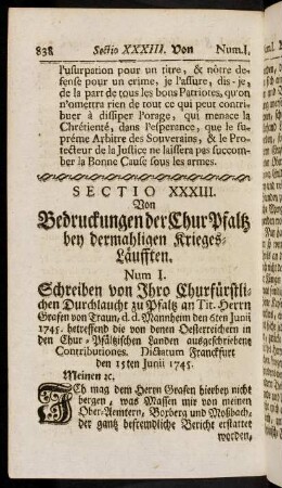 838-849, Sectio XXXIII. Von Bedruckungen der Chur-Pfalz bey dermahligen Krieges-Laeufften