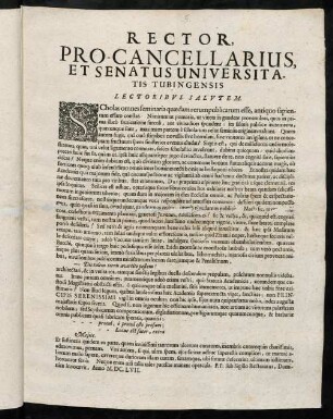 Rector, Pro-Cancellarius, Et Senatus Universitatis Tubingensis Lectoribvs Salvtem! : Scholas omnes seminaria quaedam rerumpublicarum esse ...