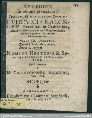 Epicedion in obitum Ludovici a Kalckstein conscriptum