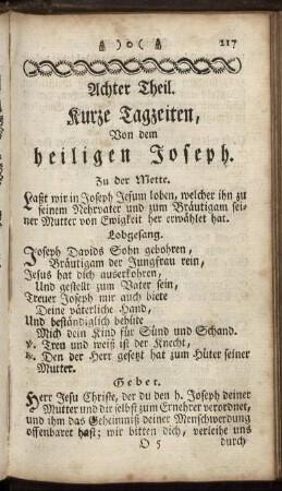 Achter Theil. Kurze Tagzeiten, Von dem heiligen Joseph.