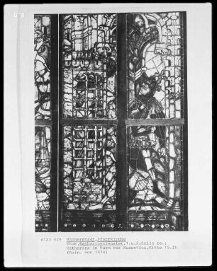 Katharinenfenster: Die heilige Katharina im Turm vor Maxentius