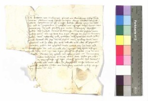 Katharine von Sindringen, Bürgerin zu Öhringen gegen Albrecht von Hohenlohe: Schuld; Siegel: Götz von Neuenstein.