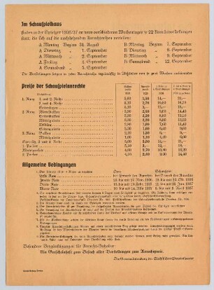 Einlegeblatt Jahresanrecht der Sächsischen Staatstheater für die Spielzeit 1936/1937. Preise der Opernanrechte (recto) und der Schauspielanrechte (verso). In: Programmheft Sächsische Staatstheater, Schauspielhaus Dresden. 02.05.1930. Druck; 22 x 16 cm. Dresden: SLUB Z.4.8