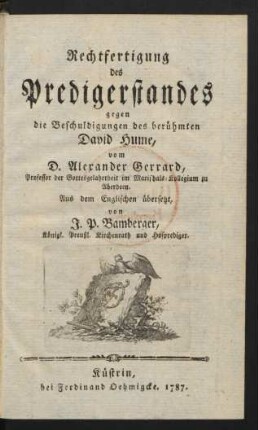 Rechtfertigung des Predigerstandes gegen die Beschuldigungen des berühmten David Hume