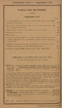 Table des matières. Septembre 1891.
