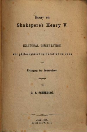 Essay on Shakspere's Henry V : Inaug. Diss.