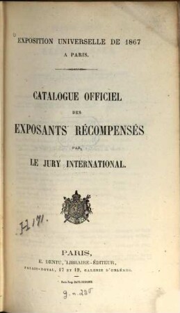 Catalogue officiel des exposants récompensés par le jury international : Exposition universelle de 1867 à Paris