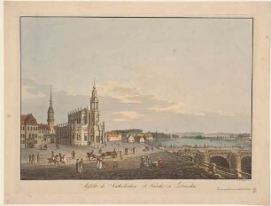 Der Schlossplatz in Dresden nach Westen mit Residenzschloss, Katholischer Hofkirche (Kathedrale), Theaterplatz mit Morettischem Theater, Elbe, Ansatz der Augustusbrücke und Japanischem Palais