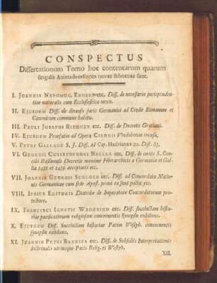 Conspectus Differtationum Tomo hoc contentarum quarum singulis Animadversiones novae subnexae sunt