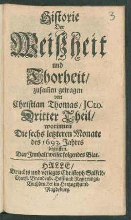 3: worinnen Die sechs letzteren Monate des 1693. Jahres begriffen