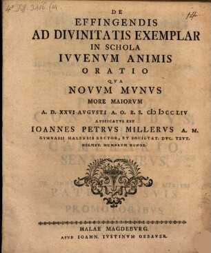 Oratio de effingendis ad divinitatis exemplar in schola iuvenum animis