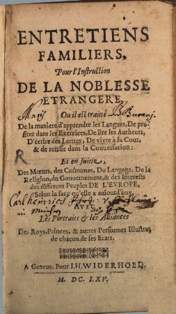 Entretiens familiers pour l'instruction de la noblesse étrangere