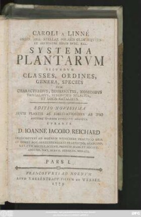 Ps. 1: Caroli A Linné Ordin. Reg. Stellae Polaris Olim Eqvitis Et Archiatri Regis Svec. Rel. Systema Plantarvm Secvndvm Classes, Ordines, Genera, Species : Cvm Characteribvs, Differentiis, Nominibvs Trivialibvs, Synonymis Selectis, Et Locis Natalibvs