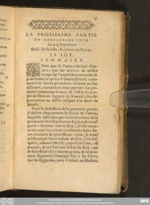 La Troisiesme Partie Du Troisiesme Jour de la ii. Sepmaine de G. de Salluste, Seigneur du Bartas. La Loy. Sommaire.