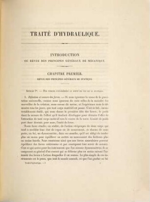 Traité d'Hydraulique, précédé d'une Introduction sur les principes généraux de la mécanique, 1