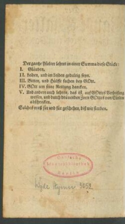 Der gantze Psalter lehret in einer Summa diese Stücke