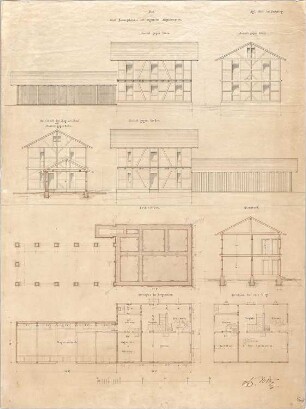 Voit, August von; Feldafing / Starnberger See (Bayern); Königliches Schloss (Königliche Villa) - Bürogebäude (Grundriss Fundament, Grundriss EG, Grundriss 1. OG, Ansichten, Querschnitt)
