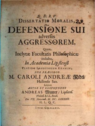 Diss. mor. de defensione sui adversus aggressorem