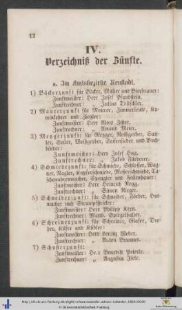 IV. Verzeichnis der Zünfte.