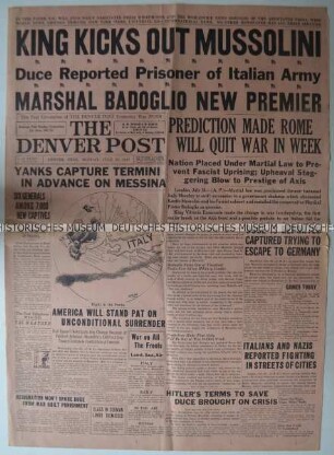 Titelseite und Umschlagblatt der US-Amerikanischen Tageszeitung "The Denver Post" mit Leitartikel zur Entmachtung Benito Mussolinis als italienischer Diktator