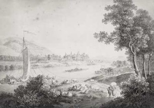 Schloß Pillnitz vom anderen Elbufer aus stromaufwärts mit Schiffstreidlern