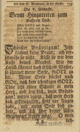 Die V. Andacht. Beym Hinzutreten zum wahren Leib