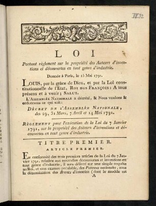 1-12, Loi [...]. Donnée à Paris, le 25. Mai 1791.