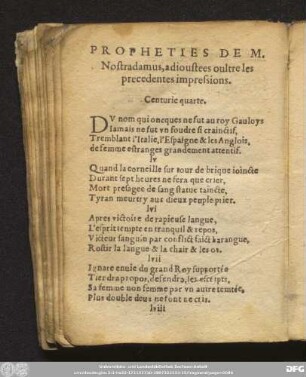 Propheties De M. Nostradamus, adioustees oultre les precedentes impressions. Centurie quarte.