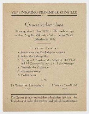 Vereinigung Bildender Künstler e. V. [Berlin]. Einladung zur Generalversammlung der Vereinigung Bildender Künstler e. V. am 2. Juni 1925