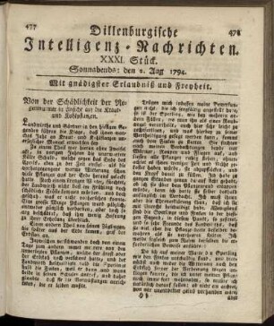 XXXI. Stück. Sonnabends: den 2. Aug. 1794.
