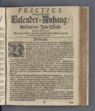 Practica, Oder/ gewöhnlicher Calender-Anhang/ Auf das 1717. Jahr Christi/