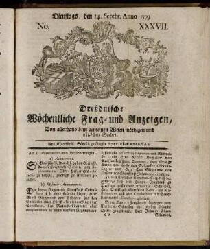 Dienstags, den 14.. Septbr. Anno 1779. No. XXXVII. - Dienstags, den 19. Octobr. Anno 1779. No. XLII.