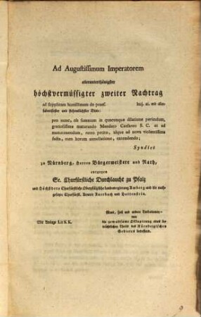 Abdruck unterthänigsten Schreibens an das Hochfürstliche hohe Ausschreibamt, des Hochlöblichen Fränkischen Kreises von Bürgermeisteren und Rath zu Nürnberg
