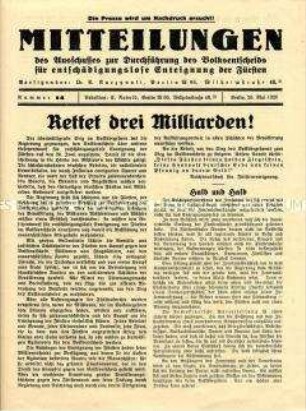 Mitteilungen des Ausschusses zur Durchführung des Volksentscheids für entschädigungslose Enteignung der Fürsten