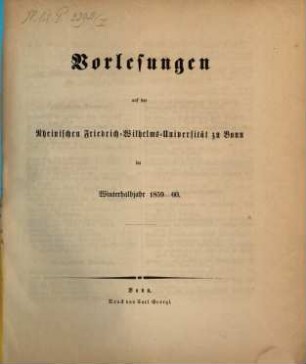 Vorlesungsverzeichnis für das .... 1859/60. WH