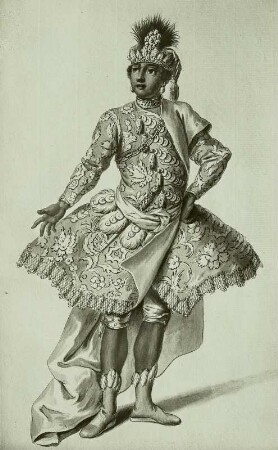 Figurine afrikanischer Gesandter für "Attilio Regolo" von Metastasio und Hasse. Hoftheater Dresden, Uraufführung 12. Januar 1750. Federzeichnung von F. Ponte in: Vestiarium der Oper "Attilio Regolo". Dresden: Kupferstich-Kabinett Ca 103