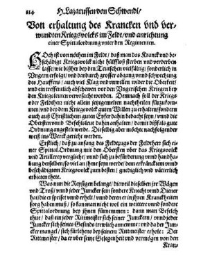 Von erhaltung des Krancken vnd verwundten Kriegsvolcks im Feldt/ vnd anrichtung einer Spittalordnung vnter den Regimenten.