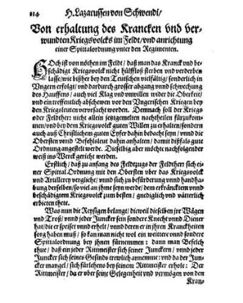 Von erhaltung des Krancken vnd verwundten Kriegsvolcks im Feldt/ vnd anrichtung einer Spittalordnung vnter den Regimenten.