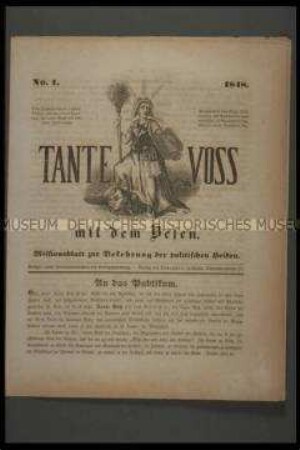 Satirische Zeitschrift: Tante Voss mit dem Besen. Missionsblatt zur Bekehrung der politischen Heiden., Nr. 1; Berlin, 18. Juni 1848