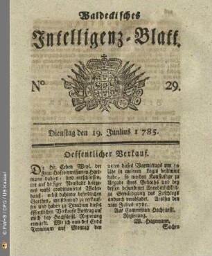 No. 29, Dienstag den 19. Junlius 1785