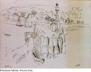 Hafen mit Booten, Bojenturm und Badenden