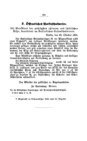 Merkblatt der wichtigsten eßbaren und schädlichen Pilze, bearbeitet im Kaiserlichen Gesundheitsamte : [F. Öffentliches Volksschulwesen]