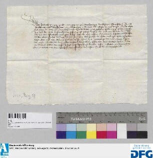 Markgraf Friedrich von Brandenburg gebietet allen seinen Amtleuten, den Kaufleuten Nürnbergs das erbetenen Geleit zur Frankfurter Fastenmesse zu gewähren.