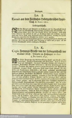 Lit. K. Copia Freyungs-Brieffs von der Leibeigenschafft vor Samuel Weiß, Burgern zu Hechingen de dato 2. Novembr. 1631