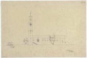 Gsaenger, Gustav; Erlangen - Süd (Bayern); Ev. Matthäus Kirche, Pfarrhaus und Gemeindesaal - Wettbewerb und Vorprojekt, Ostseite (Ansicht)
